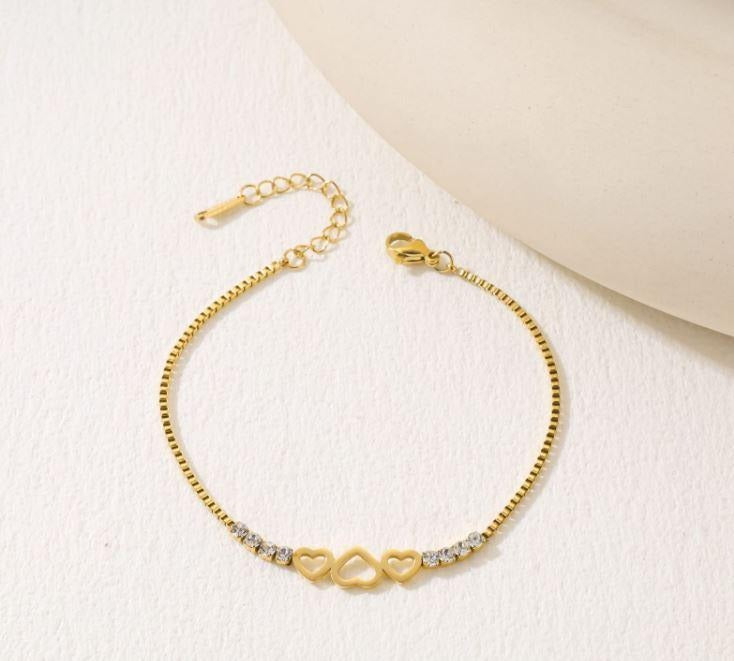 Gold-Plated Heart Link Bracelet with Sparkling Cubic Zirconia