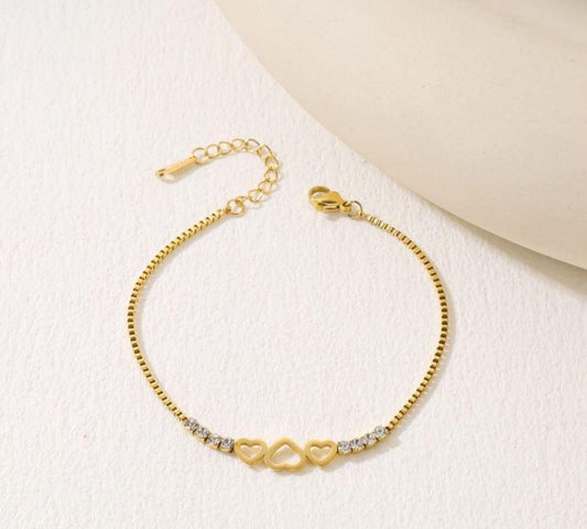Gold-Plated Heart Link Bracelet with Sparkling Cubic Zirconia