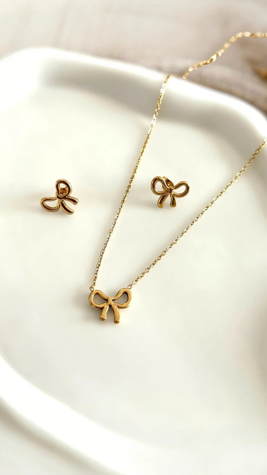 Saiyra Anti-Tarnish Gold Bow Knot Necklace & Earring Set